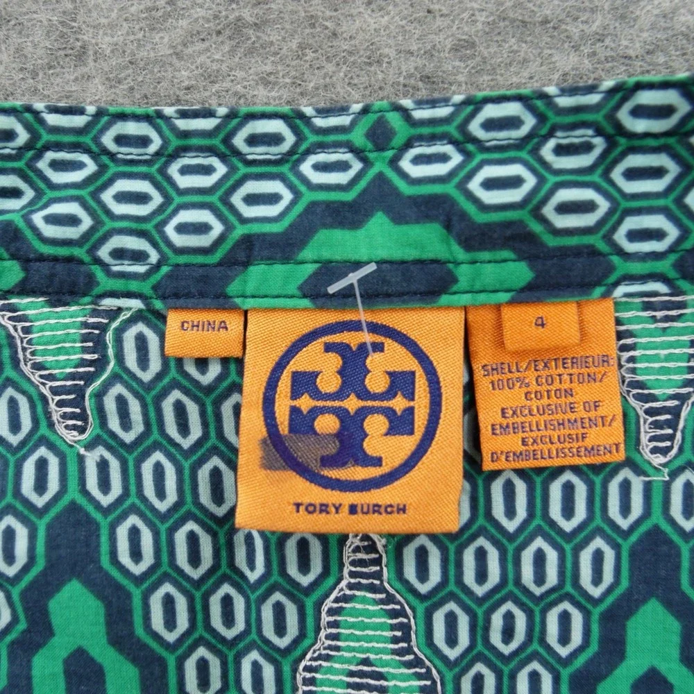 Tory Burch Tunic Top Womens 4 Green Geometric Sequin Embellished Flute Sleeve